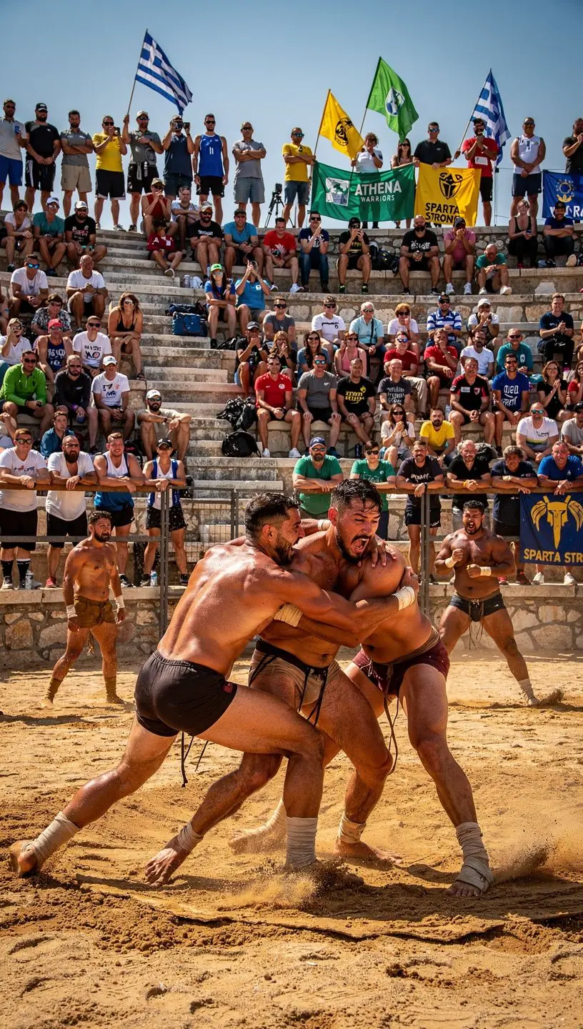 Αθλητές που συμμετέχουν σε παραδοσιακά παιχνίδια σε υπαίθριο χώρο.